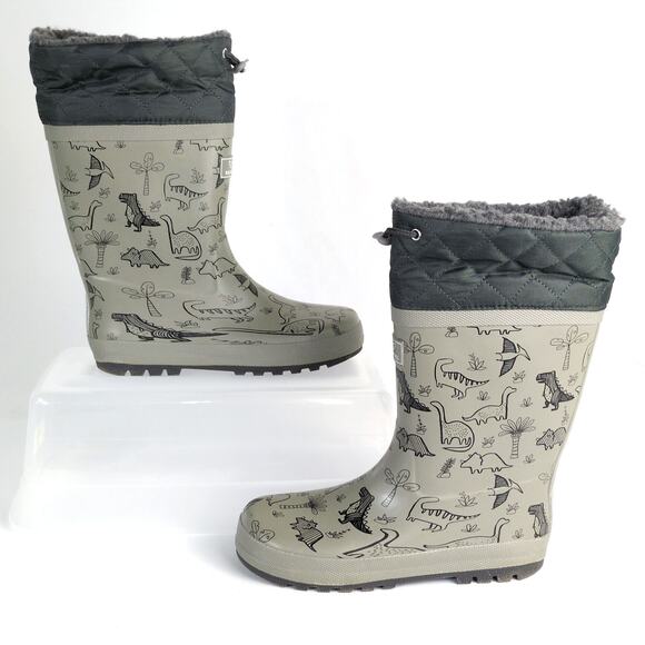 RainAngel Kids Boys 4 Gray Dinosaur Print Rubber Rain Boots, Insulated Lining - Picture 2 of 11